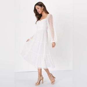 SOLD Affectionate Aura White Swiss Dot Tiered Bustier Midi Dress